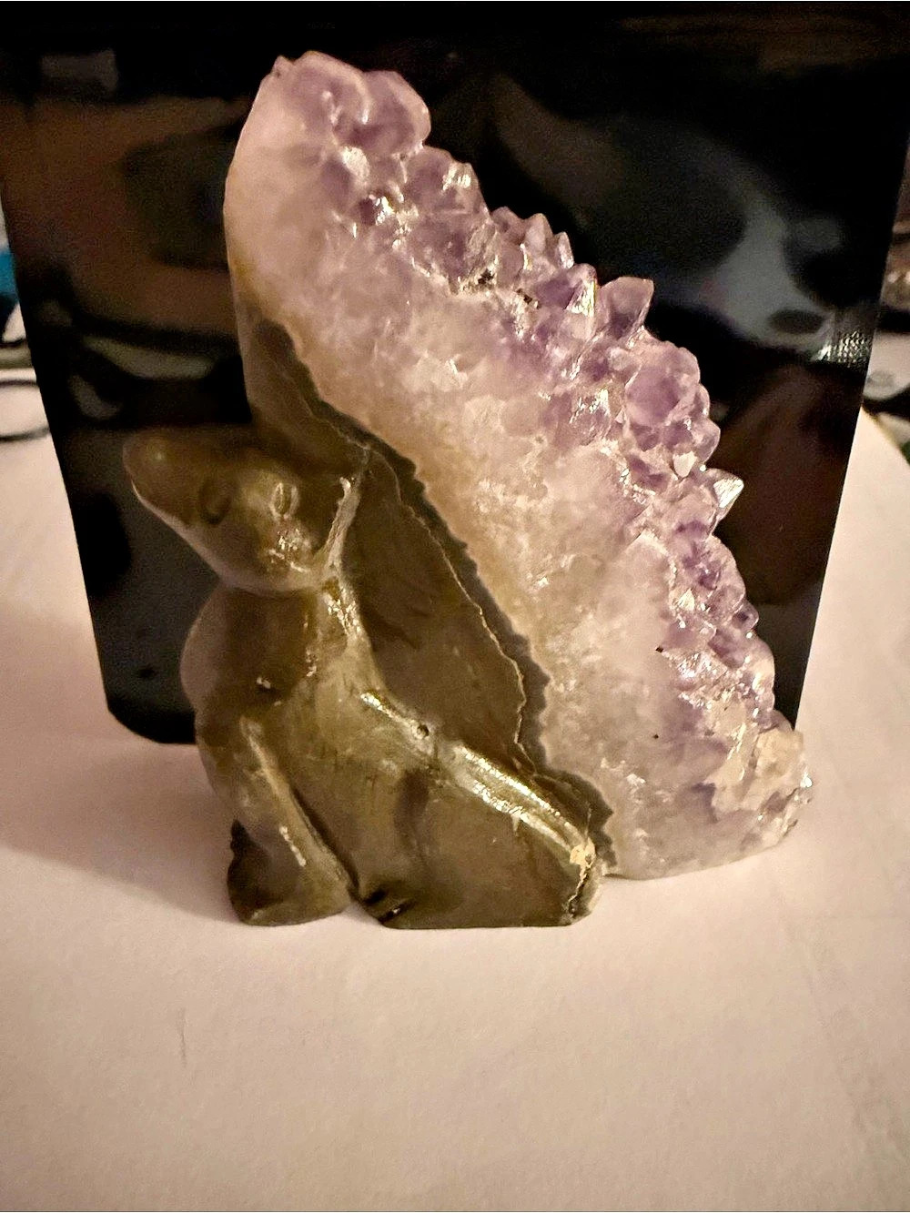 3.5" Hand-Carved Agate & Amethyst Crystal Fox Carving Figurine, 4.6 oz